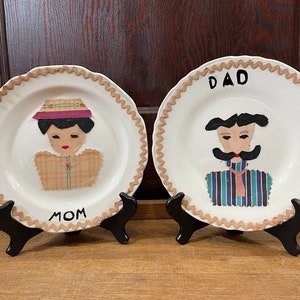 Vintage Mom and Dad Fabric Cutout on White Plates 1950s or 1960s Hand Crafted