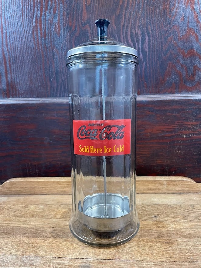 Vintage Coca Cola Glass Straw Holder Dispenser Jar Coke Bottle Soda Drink  Diner