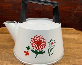 Vintage West Bend Metal Tea Kettle White Red Flowers The West Bend Company