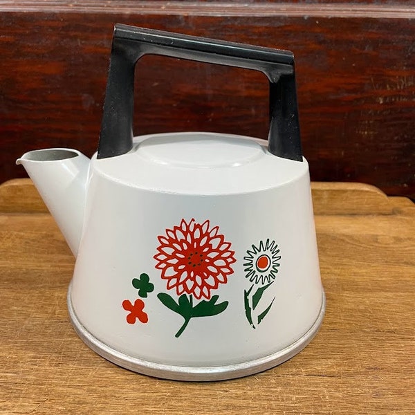 Vintage West Bend Metal Tea Kettle White Red Flowers The West Bend Company