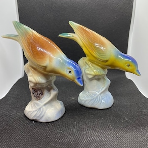 Vintage Pair Royal Copley Blue Yellow Green Birds on a Leafy Stump