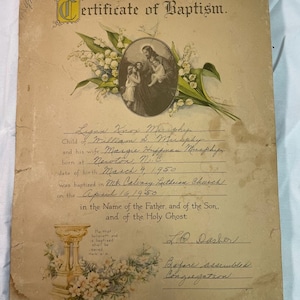 Certificado de bautismo antiguo de 1950, Iglesia Luterana del Monte Calvario, Newton, Carolina del Norte
