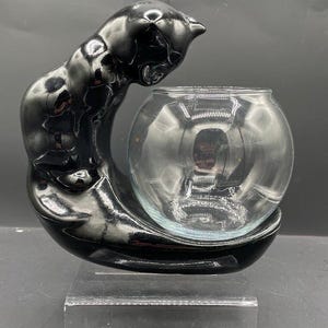 Vintage Royal Haeger Ceramic Black Cat and Fish Bowl Stand Trinket Tray MCM