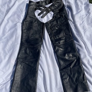 Vintage Sears Leather Shop Black Motorcycle Riding Chaps Mens Medium Side Zip