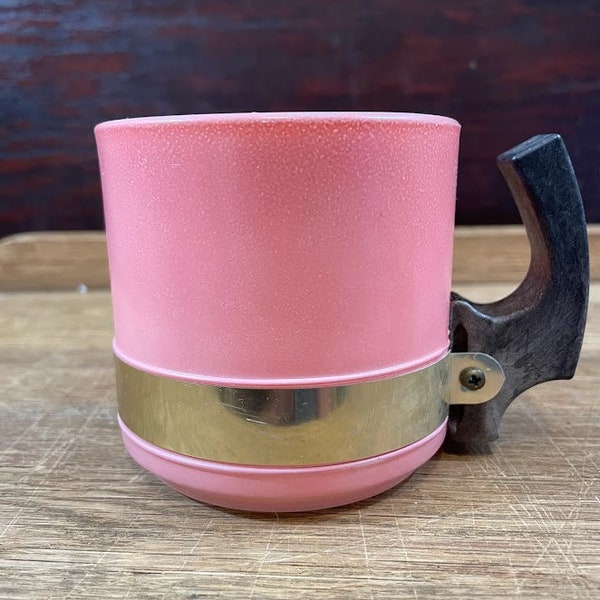 Vintage Pink Siestaware Mug Cup Pink Glass Mug with Wood Look Handle Metal Band