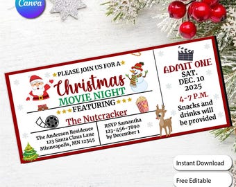 Druckbare Weihnachtsfilm-Nachtticket-Einladung, bearbeitbare Urlaubsvorlage, sofortige digitale Download-Datei