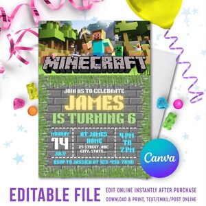 Editable Minecraft Birthday Invite, Minecrafter birthday invitations, Editable Birthday Templates, Gamer invitations, Minecraft Game Invite image 1