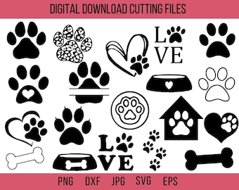 20 Pfotenabdrücke SVG-Bundle, Tiermotiv, Hundeliebhaber, Hundeliebe, Hundepfote für Tierthemen Designs, Instant Download und Silhouette-Datei