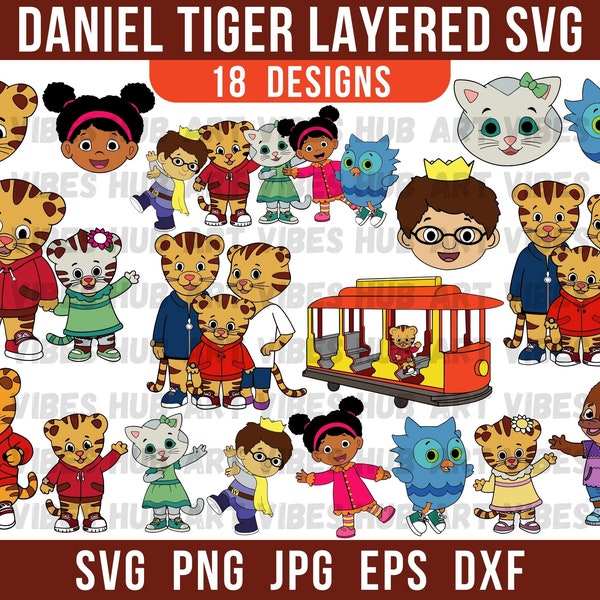 L'école maternelle pour les enfants Daniel Tiger couches SVG et PNG Bundle Daniel Trolley anniversaire Clipart pour enfants Couper des fichiers pour Cricut 300 Dpi PNG