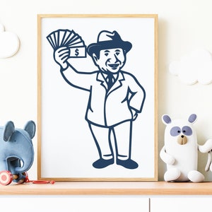 May include: A black and white illustration of a man in a suit and hat holding a stack of money. The man is smiling and has a mustache. The illustration is in a simple, cartoon style.