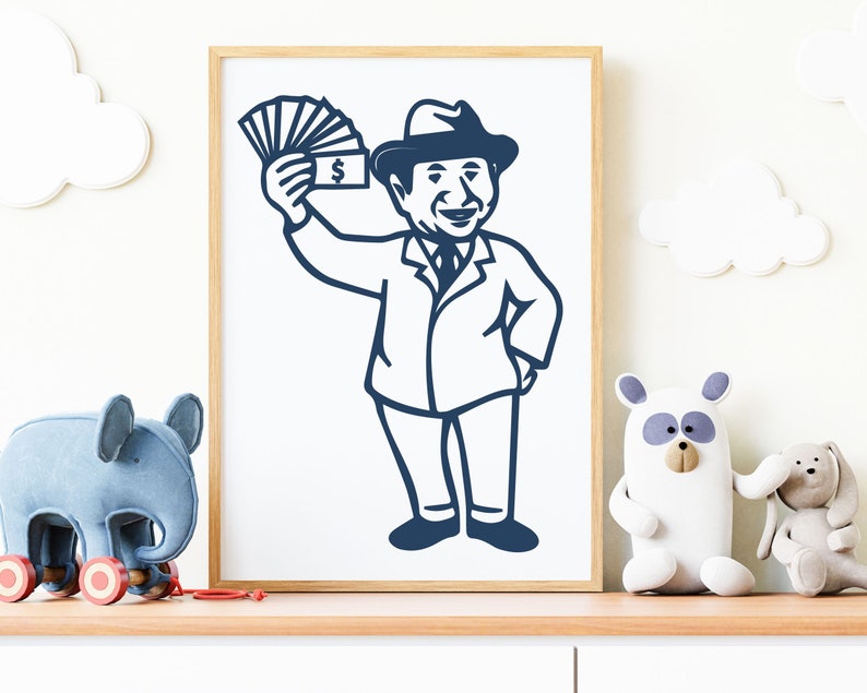 May include: A black and white illustration of a man in a suit and hat holding a stack of money. The man is smiling and has a mustache. The illustration is in a simple, cartoon style.