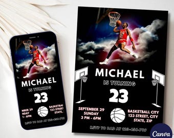 Michael Jordan Geburtstagseinladung: Bulls Theme, bearbeitbare digitale Karte