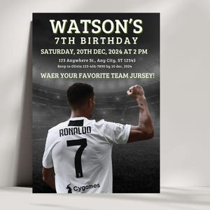 May include: A black and white birthday invitation with a photo of a soccer player wearing a white jersey with the number 7 and the name "RONALDO" on the back. The invitation says "WATSON'S 7TH BIRTHDAY" and includes the date, time, and location of the party. It also says "WAER YOUR FAVORITE TEAM JURSEY!" and has the text "Cygames" at the bottom.