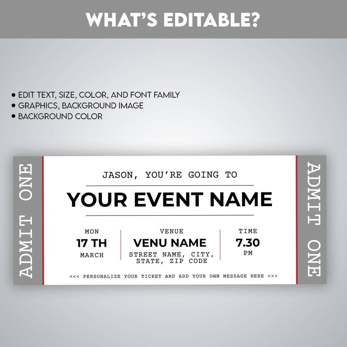Event Ticket Template, EDITABLE DIY Event Printable, Surprise Getaway