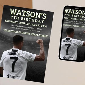 May include: A black and white invitation for a 7th birthday party. The invitation features a soccer player wearing a white jersey with the number 7 and the name "Ronaldo" on the back. The text on the invitation reads "Watson's 7th Birthday" and includes the date, time, and location of the party. The invitation also includes a request for guests to wear their favorite team jersey.
