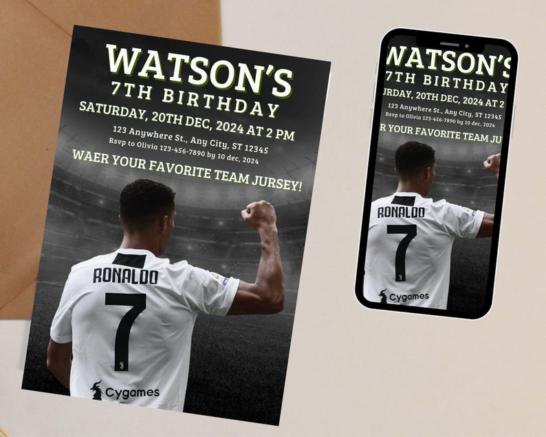 May include: A black and white invitation for a 7th birthday party. The invitation features a soccer player wearing a white jersey with the number 7 and the name "Ronaldo" on the back. The text on the invitation reads "Watson's 7th Birthday" and includes the date, time, and location of the party. The invitation also includes a request for guests to wear their favorite team jersey.