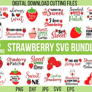 May include: A digital download bundle of 25 strawberry-themed SVG designs. The designs feature various phrases and images, including "Strawberry Patch", "Sweet Summer Time", "Sweet as Strawberry", and "You are the Berry Sweetest".