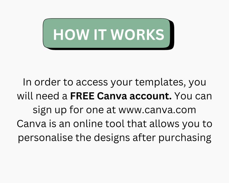 May include: A green button with white text that reads "HOW IT WORKS". Text below the button explains that you need a free Canva account to access templates. The text also includes the website address www.canva.com.
