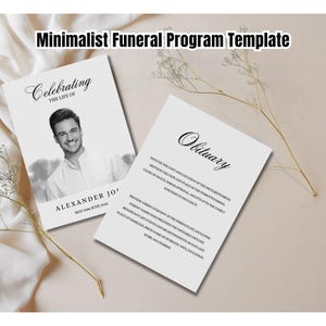 May include: A minimalist funeral program template featuring two white cards. One card displays a black and white photo of a man with the text "Celebrating the Life of" and the name "Alexander Jo" with dates. The second card has the word "Obituary".