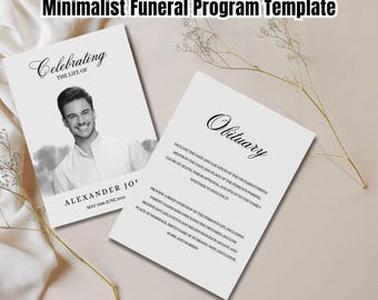 Plantilla de programa funerario minimalista editable / Orden de servicio imprimible / Diseño de programa de celebración conmemorativa simple de la vida Plantilla digital temporal