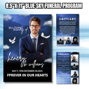 Modello di celebrazione della vita di 8 pagine, formato 8,5" x 11" per il programma funebre Blue Sky / Necrologio, ordine del servizio, in amorevole memoria / Modello Canva