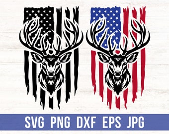 May include: Two stylized deer head designs with large antlers, set against a distressed American flag background. One is in black and white, the other in red, white, and blue. The image includes the text "SVG PNG DXF EPS JPG".