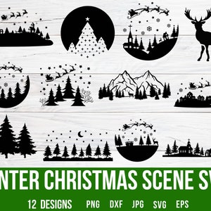 Winter kersttafereel SVG, winters tafereel SVG, winter SVG-scène, kersttaferelen SVG, kerstman slee SVG, herten SVG, dennenboom SVG
