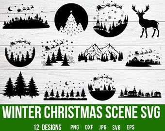Winter-Weihnachtsszene-Svg, Winter-Szene-Svg, Winter-Svg-Szene, Weihnachtsszenen-Svg, Santa-Schlitten-Svg, Hirsch-Svg, Kiefer-Baum-Svg