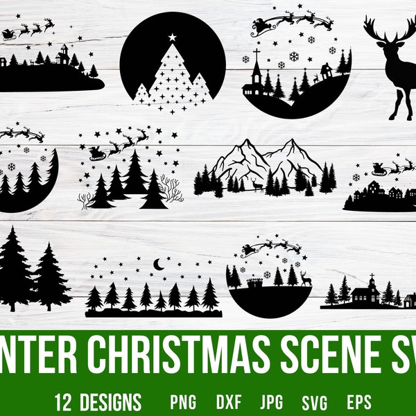 Winter Christmas Scene Svg, Winter Scene Svg, Winter Svg Scene, Christmas Scenes Svg, Santa Sleigh Svg, Deer Svg, Pine Tree Svg