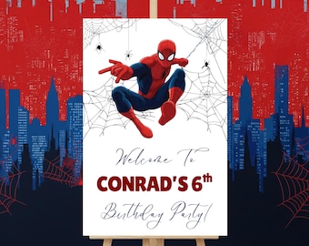 Plaque de bienvenue anniversaire Spiderman : affiche de fête super-héros éditable
