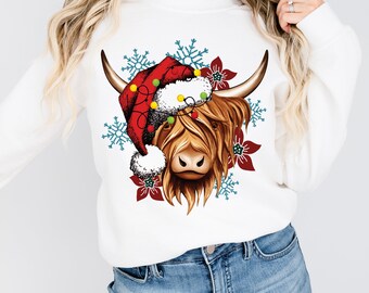 Vaca de las Tierras Altas de Navidad PNG, diseño navideño occidental (descarga digital)
