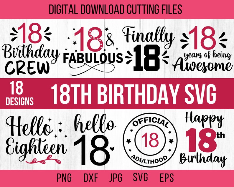 以下が含まれることがあります： 18歳の誕生日用のSVGカットファイルのセットです。デザインには、「18 Birthday Crew」、「18 & Fabulous」、「Finally 18」、「18 Years of Being Awesome」、「Hello Eighteen」、「Hello 18」、「Official Adulthood 18」、「Happy 18th Birthday」など、18歳になることに関連するさまざまなフレーズやグラフィックが盛り込まれています。