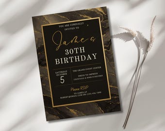 Editable Black and Gold Birthday Invitation Template Marble Birthday Luxury Invite Printable Template Party Invite Digital Digital Download