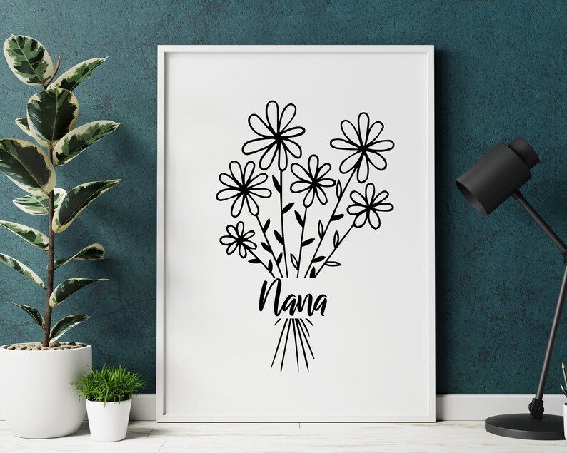 May include: Black and white printable art print with a bouquet of stylized flowers and the word "Nana" underneath.