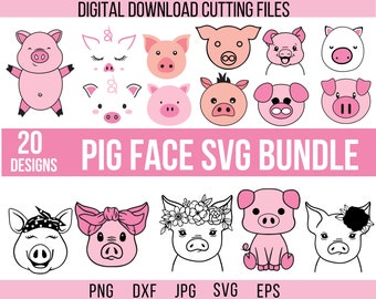 20 Schweine Gesicht SVG Clipart Bundle, Bauernhof Grafiken (Digitaler Download)