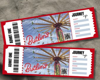 Könnte beinhalten: Zwei rote Butlin's-Tickets mit einem Bild eines Fahrgeschäfts. Die Tickets tragen die Aufschriften "ADMIT ONE" und "JOURNEY info". Es gibt Felder für Gast, Datum, Telefon und E-Mail. Das Butlin's-Logo ist kursiv geschrieben.