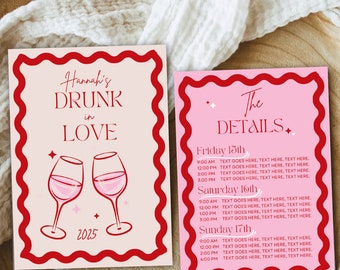 Editable Drunk in Love Bachelorette itinerary Template, Margarita and Martini cocktail hen party, Groovy pink wavy text digital download