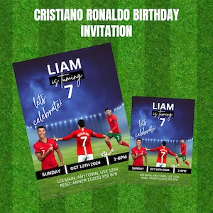 Modèle d'invitation d'anniversaire de football Cristiano Ronaldo CR7, invitation de football d'anniversaire de football, fête d'anniversaire