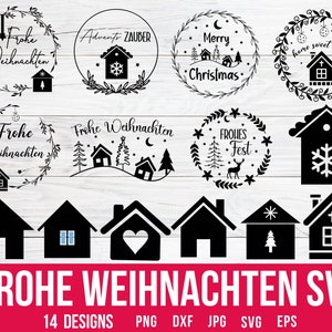 Könnte beinhalten: Ein Set mit 14 schwarz-weißen Weihnachts-SVG-Designs mit Kränzen, Häusern und dem Text "Frohe Weihnachten".