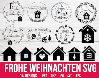 May include: A set of 14 black and white Christmas-themed SVG designs featuring wreaths, houses, and the text "Frohe Weihnachten".