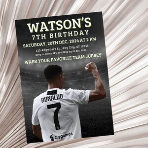 May include: A black and white invitation for a 7th birthday party. The invitation features a soccer player wearing a white jersey with the name "Ronaldo" and the number "7" on the back. The invitation includes the text "Watson's 7th Birthday" and "Saturday, 20th Dec, 2024 at 2 PM".