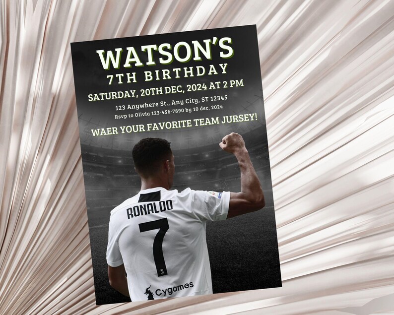 May include: A black and white invitation for a 7th birthday party. The invitation features a soccer player wearing a white jersey with the name "Ronaldo" and the number "7" on the back. The invitation includes the text "Watson's 7th Birthday" and "Saturday, 20th Dec, 2024 at 2 PM".