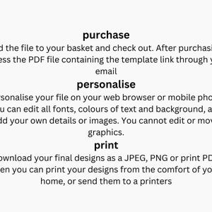 May include: Text explaining the steps to purchase, personalize, and print a digital design. The steps include adding the file to your basket, checking out, accessing the PDF file containing the template link through your email, personalizing the file on your web browser or mobile phone, editing fonts, colors of text and background, adding your own details or images, downloading the final designs as a JPEG, PNG or print PDF, and printing the designs from the comfort of your home or sending them to a printer.