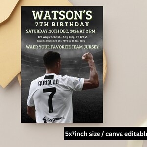 May include: A 5x7 inch printable birthday invitation featuring a soccer player in a white and black jersey with the number 7 on the back. The invitation is for Watson's 7th birthday party and includes the date, time, and location of the party. The text "WAER YOUR FAVORITE TEAM JURSEY!" is included in the invitation.