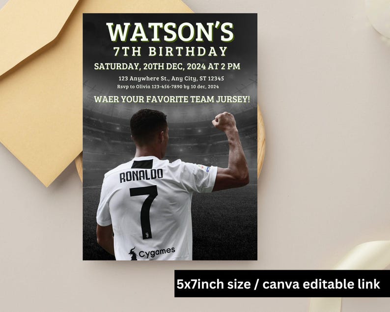 May include: A 5x7 inch printable birthday invitation featuring a soccer player in a white and black jersey with the number 7 on the back. The invitation is for Watson's 7th birthday party and includes the date, time, and location of the party. The text "WAER YOUR FAVORITE TEAM JURSEY!" is included in the invitation.