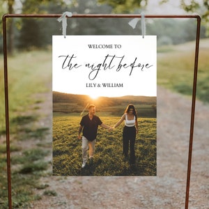 Welcome Sign For Rehearsal Dinner With Photo | Wedding Rehearsal Editable Welcome Sign Template | Night Before Bohemian Script Decorations