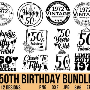50e verjaardag Svg-bundel, Happy Birthday Svg, verjaardag Shirt Svg, verjaardag Clipart, Vintage 1972 Svg, Cricut Cut-bestand, vijftig verjaardag Svg