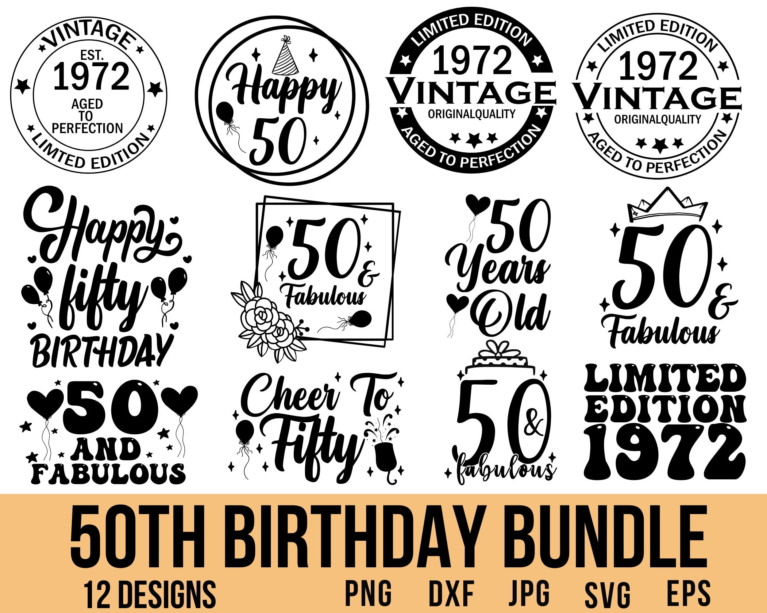 50th Birthday SVG Bundle: Vintage 1972 Designs (digital Download