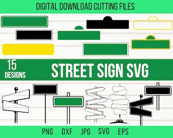 Puede incluir: Un conjunto de 15 archivos SVG de señalización de calles para descargar digitalmente. Las señales son de varias formas y tamaños, incluyendo rectangulares, cuadradas y redondas. Las señales son negras, blancas, verdes, amarillas y azules. Las señales son perfectas para crear señales de calles personalizadas para tu hogar, negocio o proyectos de manualidades.