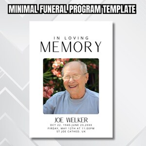 May include: A black and white funeral program template with a photo of a smiling man. The text reads "In Loving Memory" and "Joe Welker" with dates and location information.